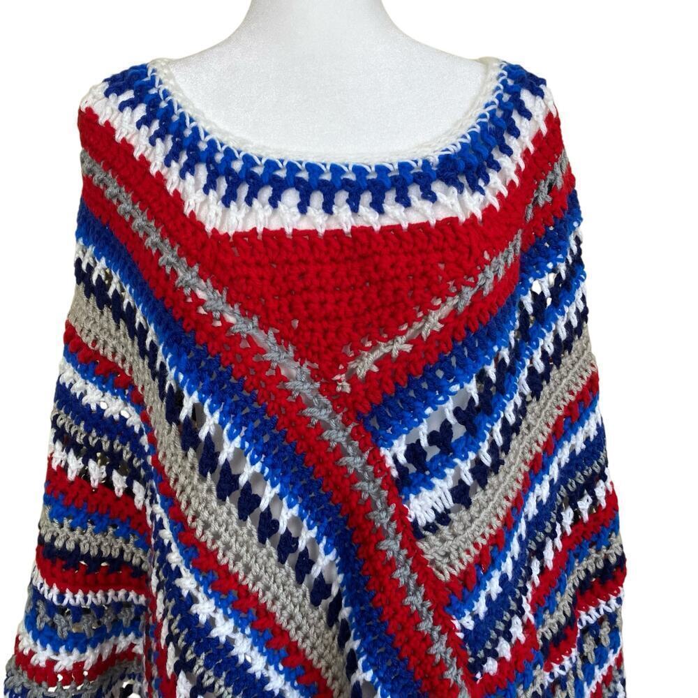 Handmade Boho Chunky Open Knit Crochet Poncho Patriotic Colors Textured OS - Picture 2 of 16